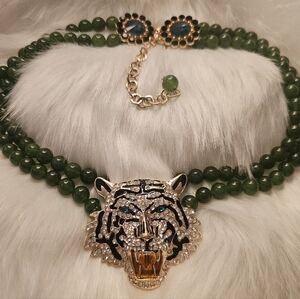 Eye CANDY Green Beaded Tiger Necklace with Gold Accents